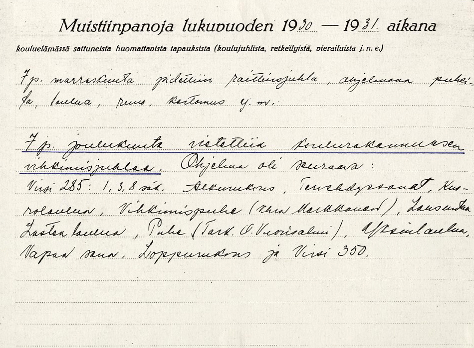 1930 Koulun avajaisohjelma