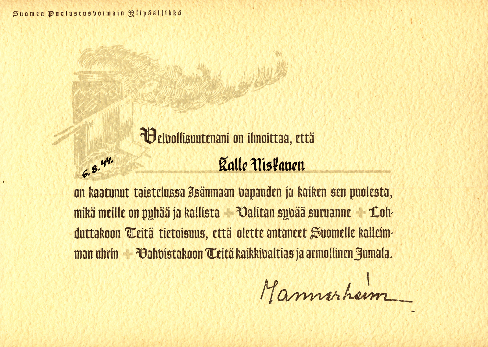 1944 Ylipäällikön osanotto Kallen kaatumisen vuoksi