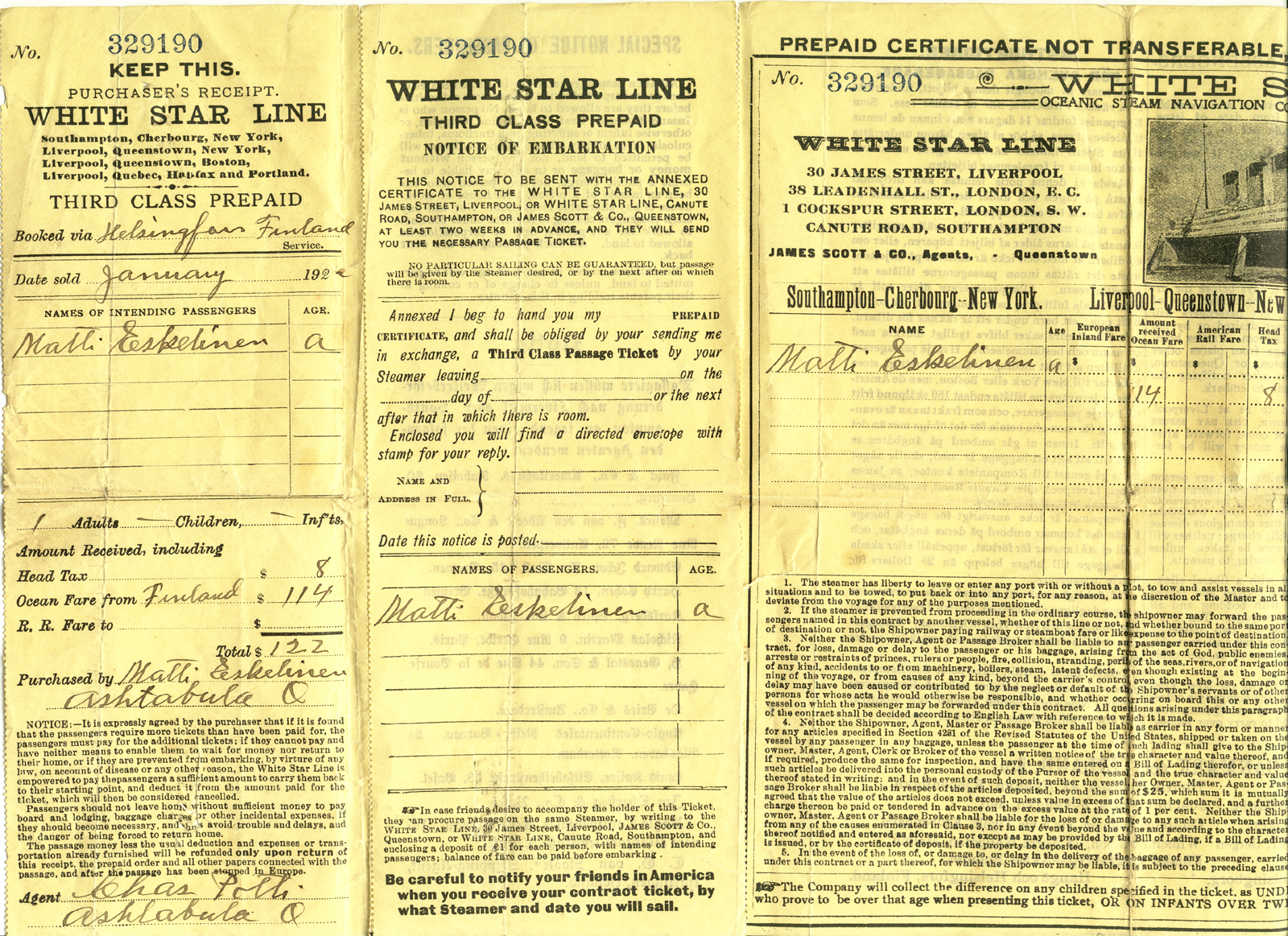 1922 Matin matkalippu Ameriikasta