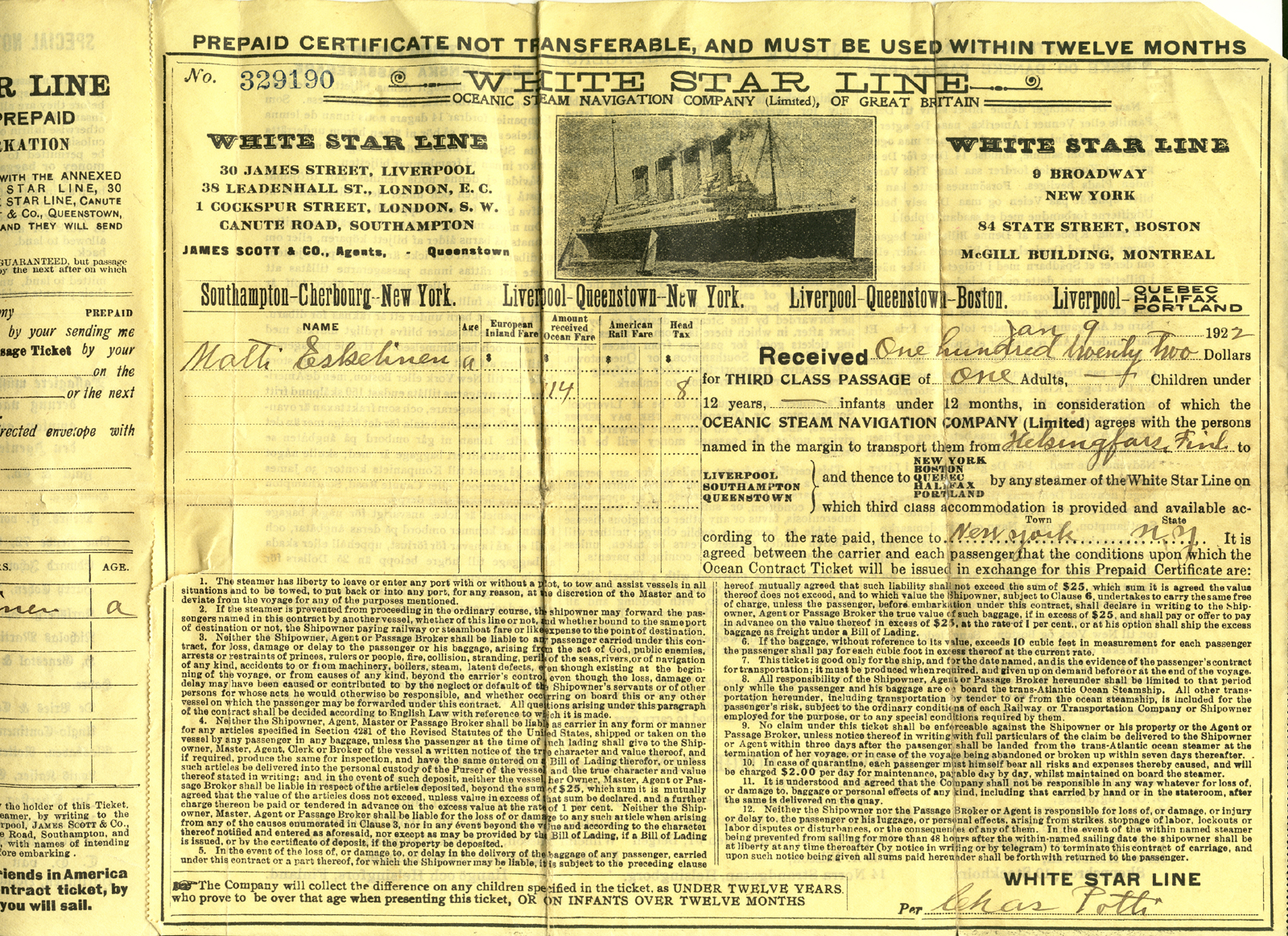 1922 Matin matkalippu Ameriikasta