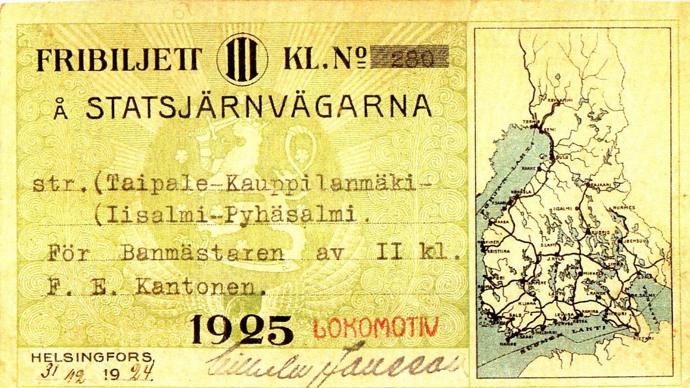 1924 Frans Kantosen- mummon siskon miehen- junalippu