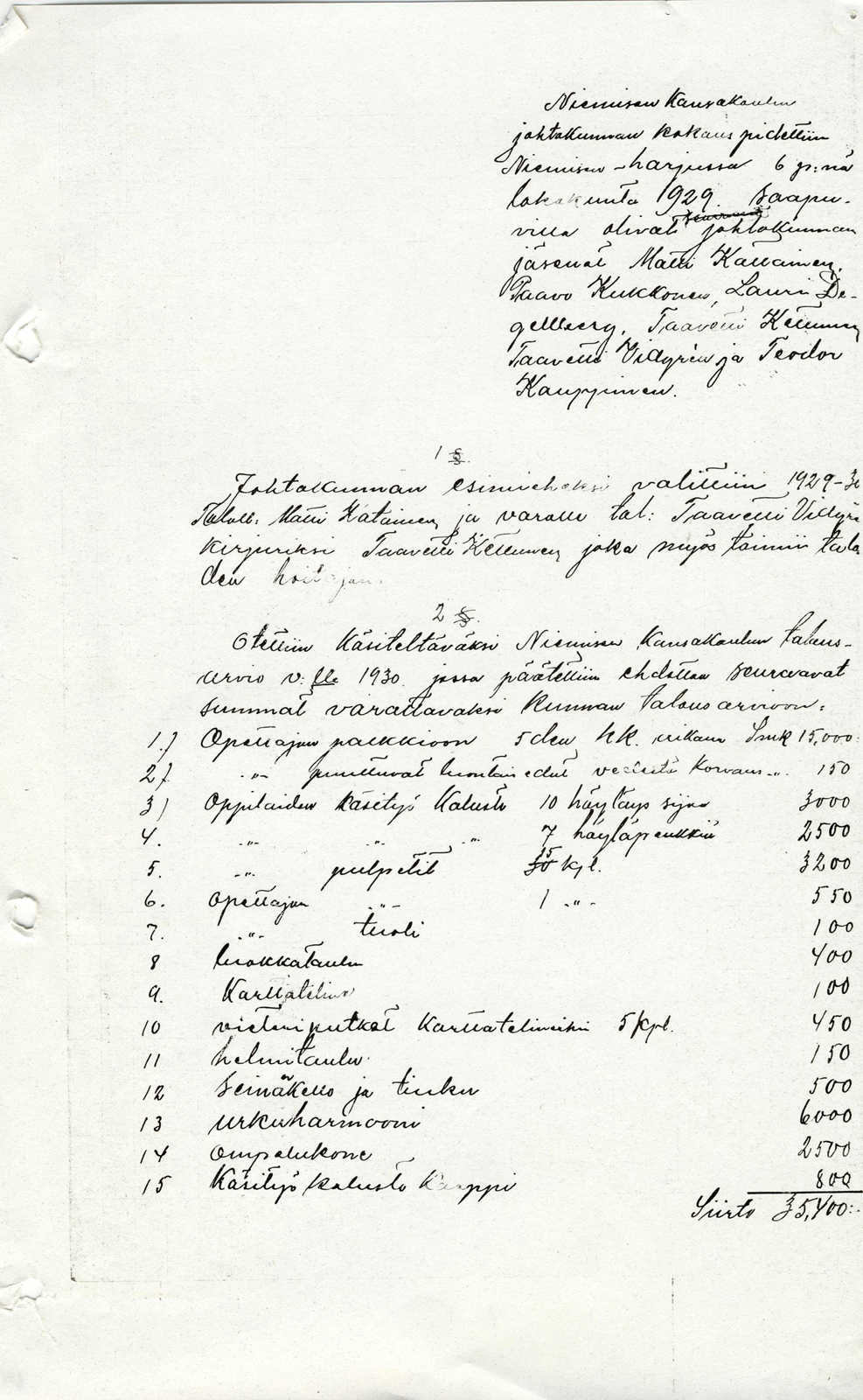 1929 Koulun perustamiskirja